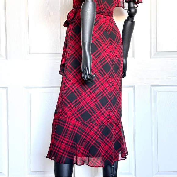 Ralph Lauren red plaid chiffon dress belted flatter short sleeve size 2 - Picture 7 of 14